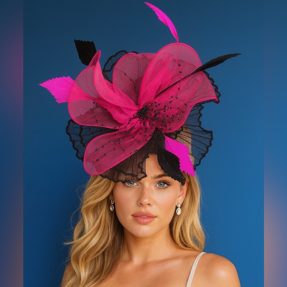 Kentucky Derby Hat Ky Oaks Elegant Hot Pink and Black Fascinator Church Wedding - Picture 1 of 1